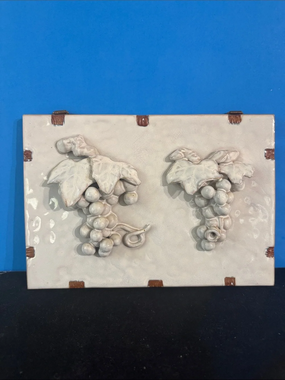 Vintage Ceramic Bunch of Grapes Sculpture on tile wall hanging